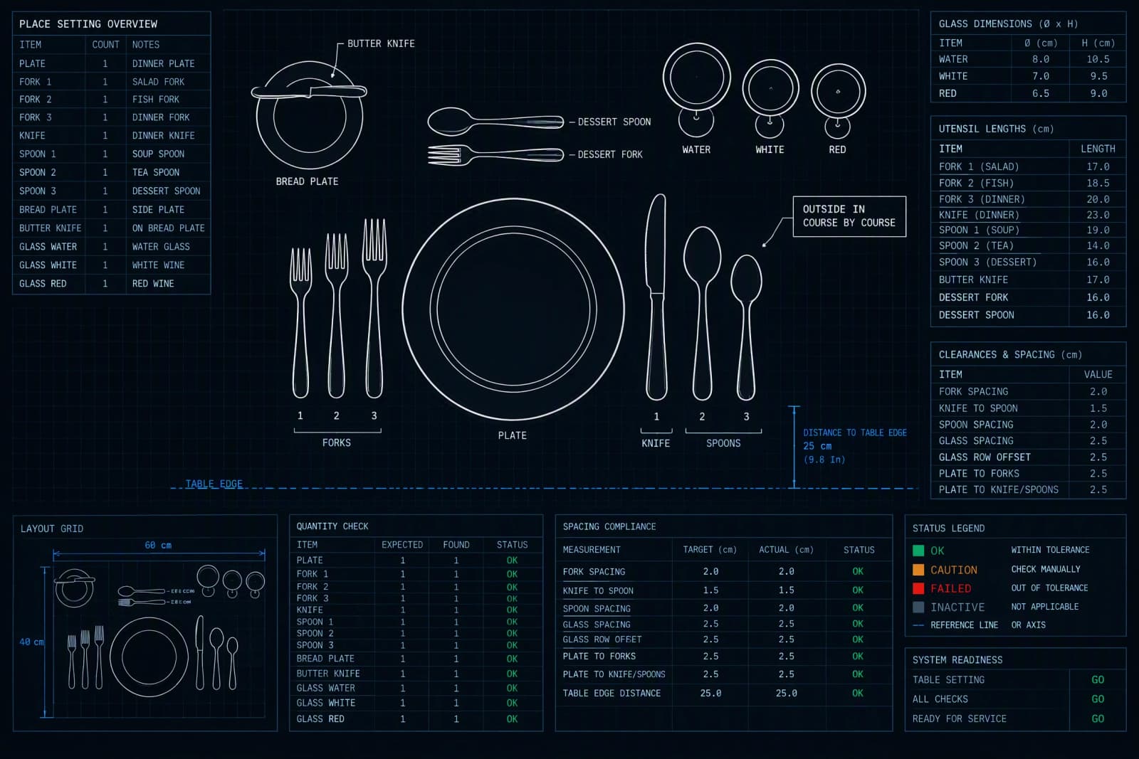 An overhead schematic of a formal place setting with utensils numbered from the outside in and glasses named.