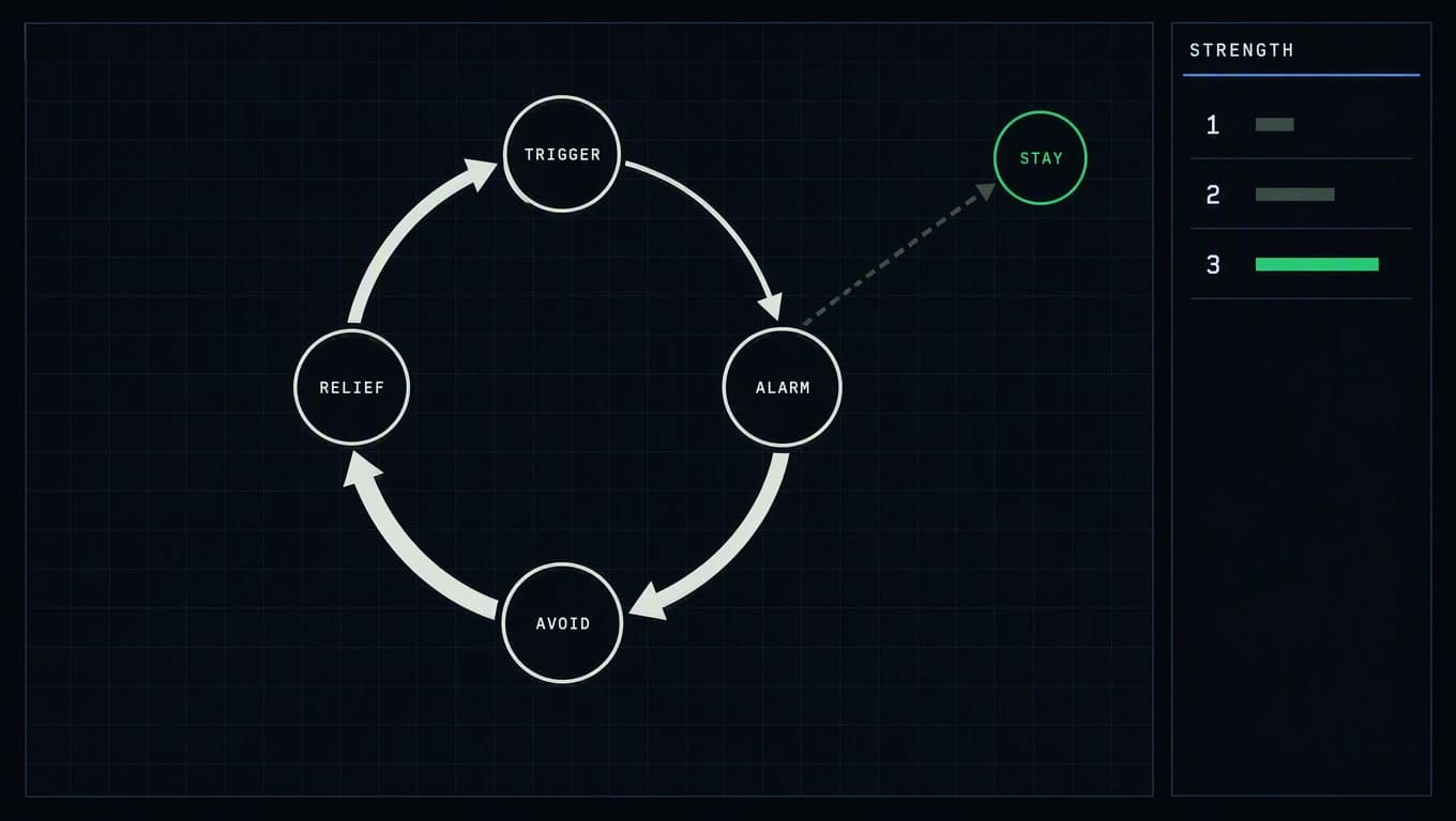 A four-node cycle of trigger, alarm, avoidance and relief, with each successive arrow drawn heavier and an unused exit drawn dashed.