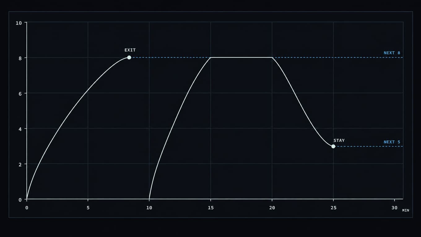 Two distress curves over minutes: one cut short at its peak with a high restart baseline, one held until it falls with a low restart baseline.