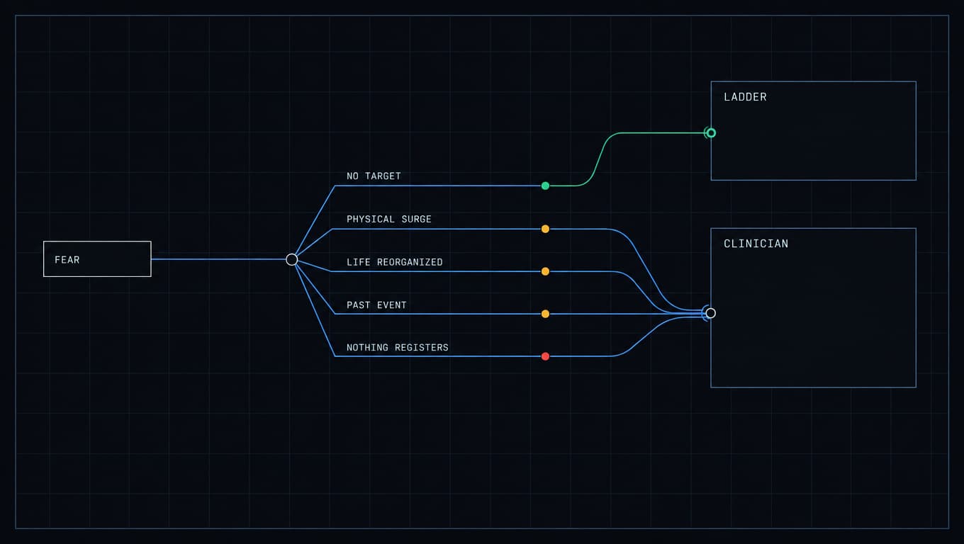 A routing diagram in which four criteria split one input between a course path and a clinician path.