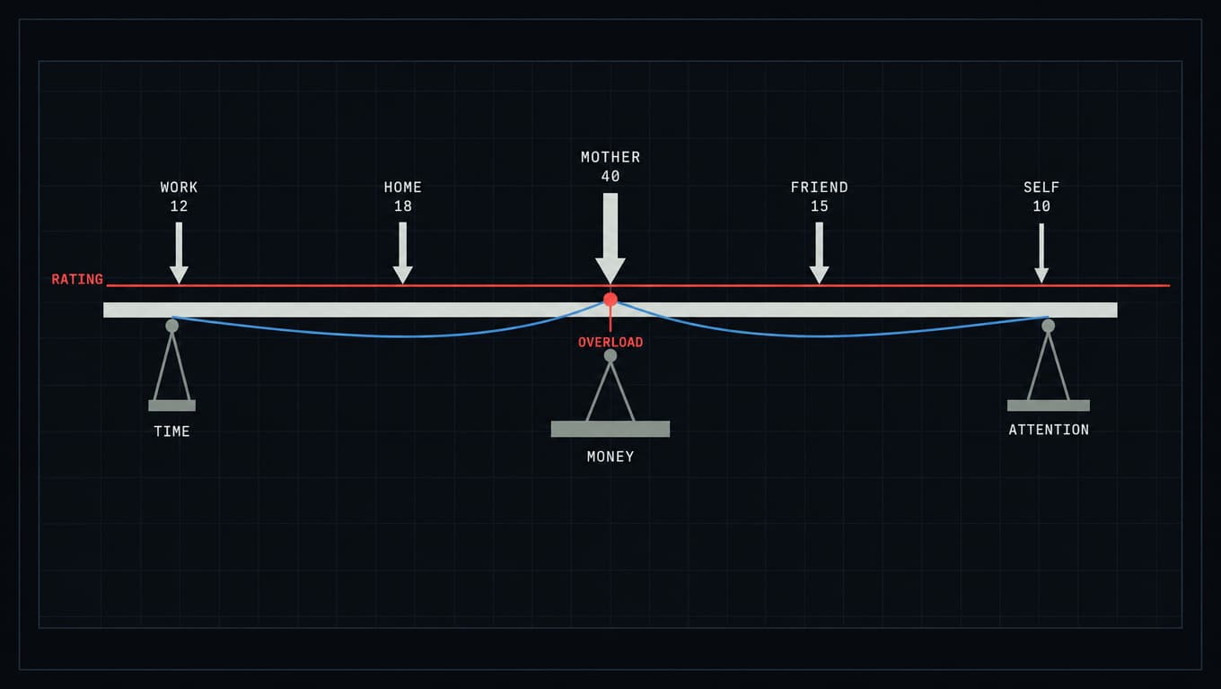A beam carrying five unequal loads on three supports, with its deflection crossing a red line marked as the rating.