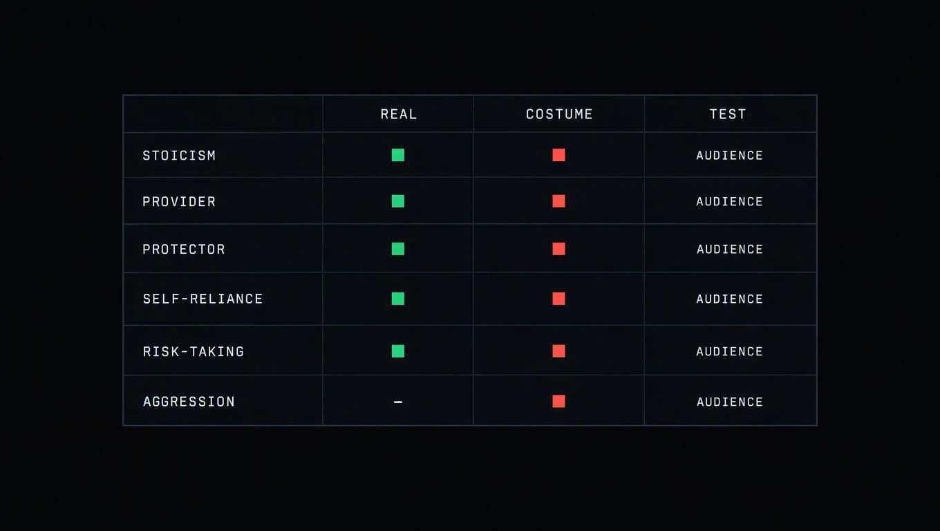 A sorting matrix of eight traits, each marked in either the real column or the costume column, with the test used on each row.