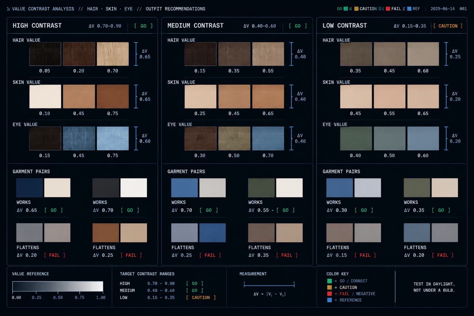 Three columns of tone swatches showing high, medium and low personal contrast with garment pairings under each.
