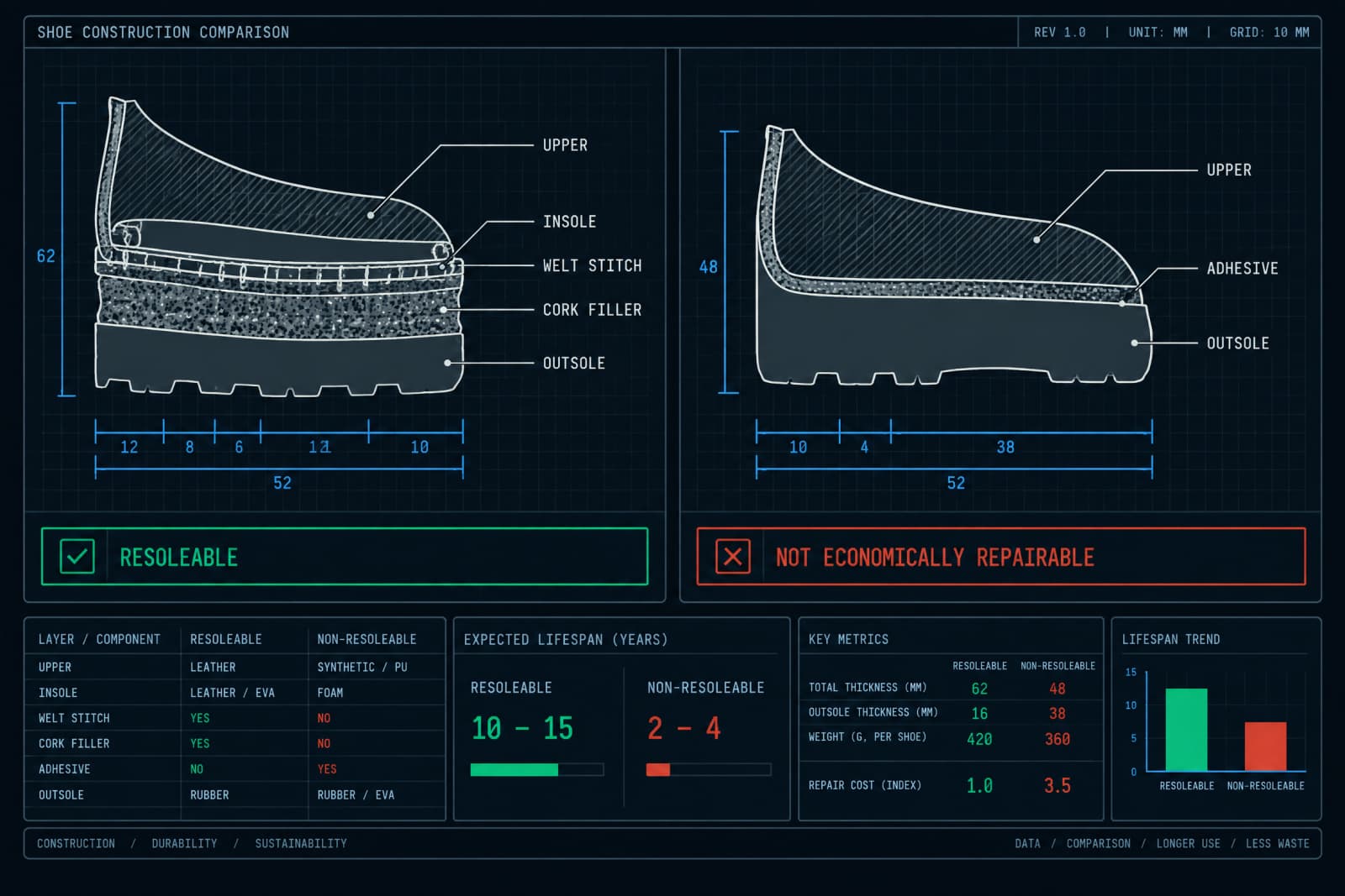 Cross-sections of a welted shoe and a cemented shoe with layers named and repairability marked.