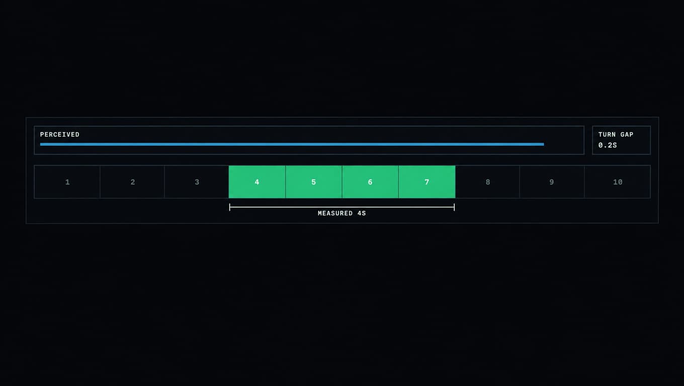 A measured four-second gap on a one-second tick strip, with the perceived duration drawn three times longer above it.