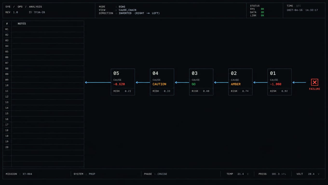 An inverted timeline running back from a red failure marker through five numbered cause cells.