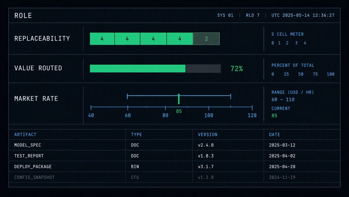 A panel with meters for replaceability, value routed through the role, and a market rate range with a marker.