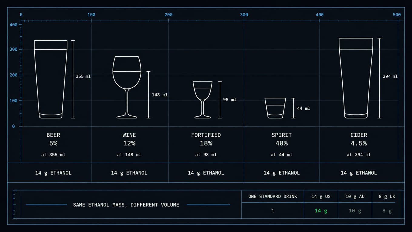 Five glass outlines at different volumes, each containing the same mass of ethanol, with national standard-drink definitions.