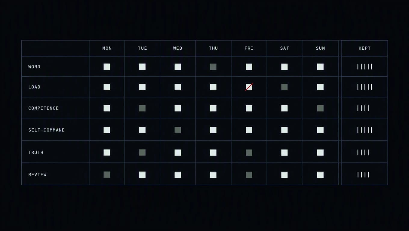 A briefing board of six labeled criterion rows, each scored across seven day cells, with one cell struck out.