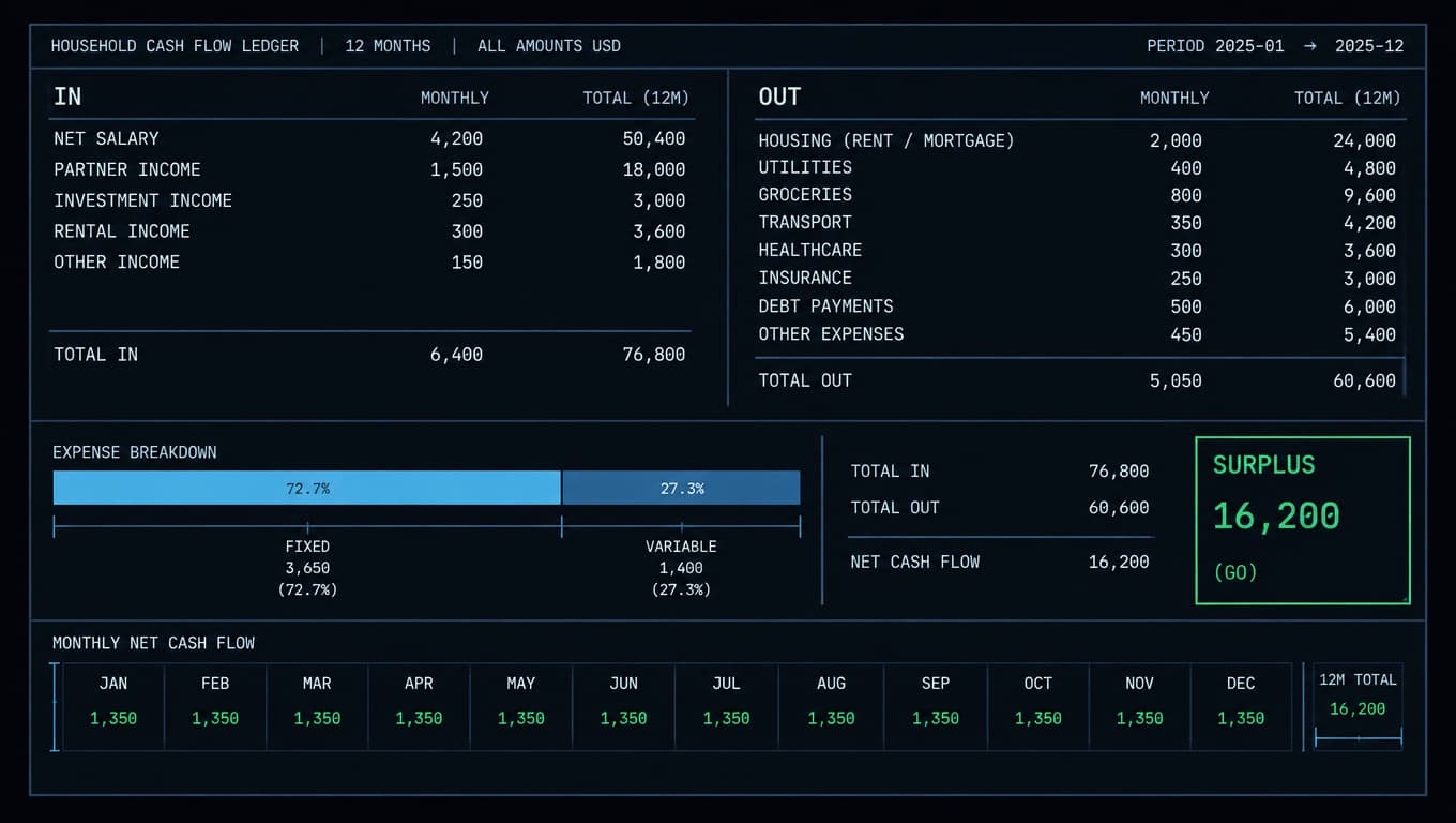 A ledger panel with income and outgoing columns, a bar split into fixed and variable spending, and a surplus cell.