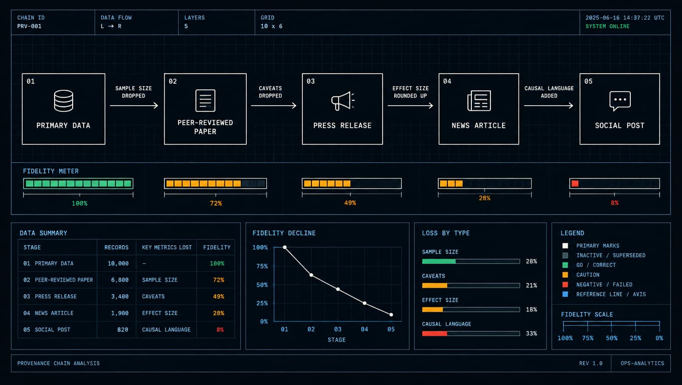 A five-step chain from primary data to a social post, with what is lost at each step and a declining fidelity meter.