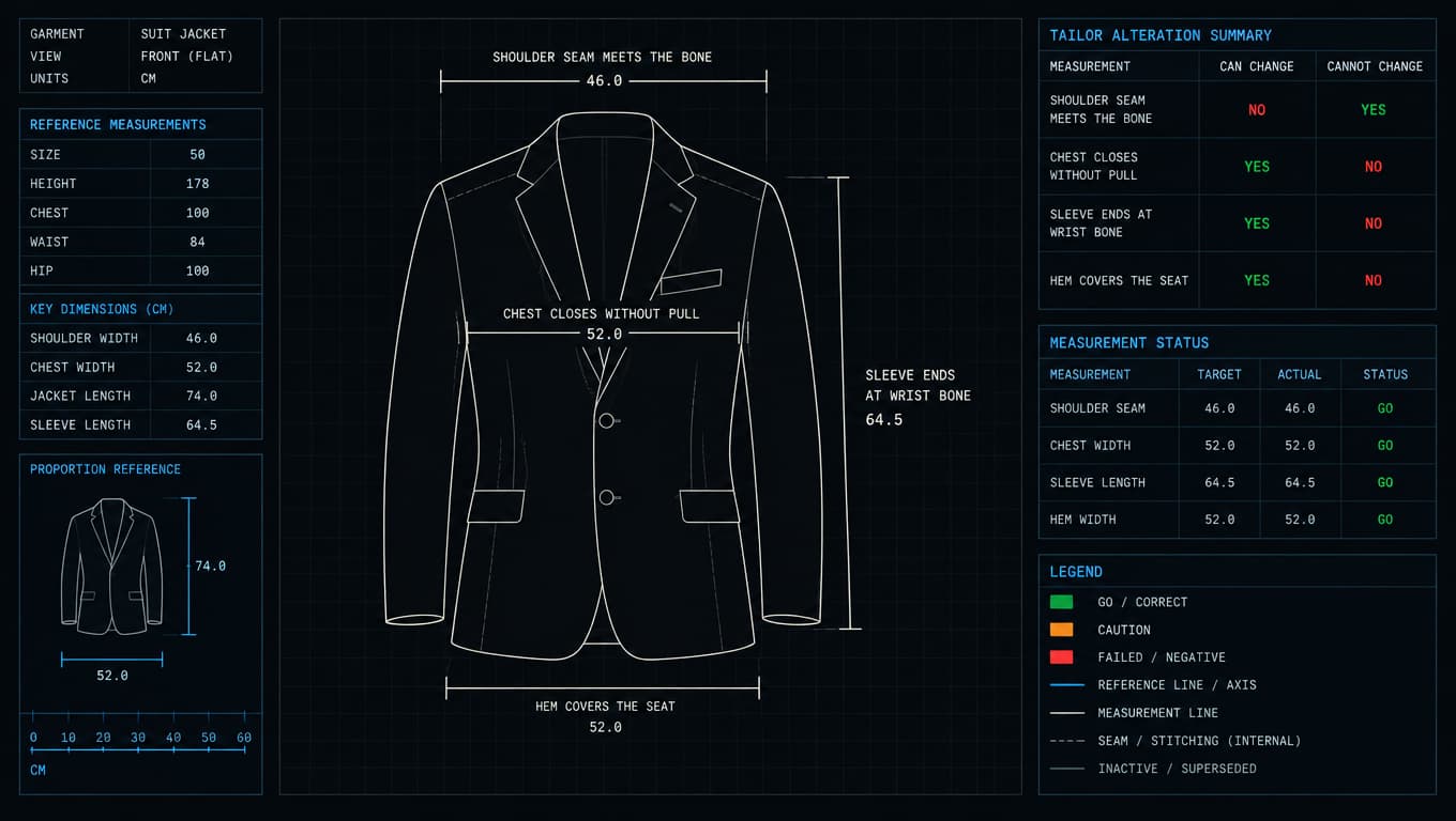 A flat schematic of a jacket with the four fit checkpoints marked and a legend of which are alterable.