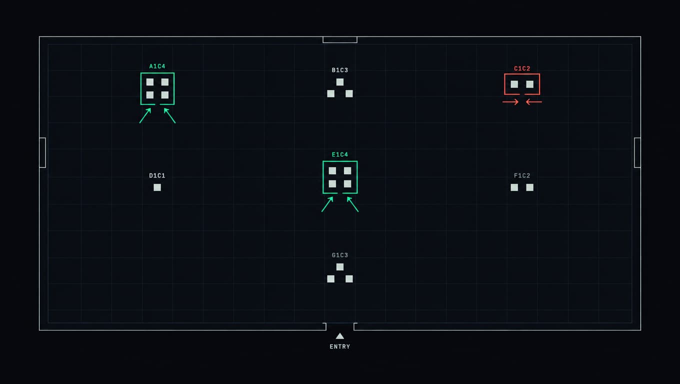 A top-down room plan marking which clusters of people are open to approach and which are closed, with approach vectors from the entry.