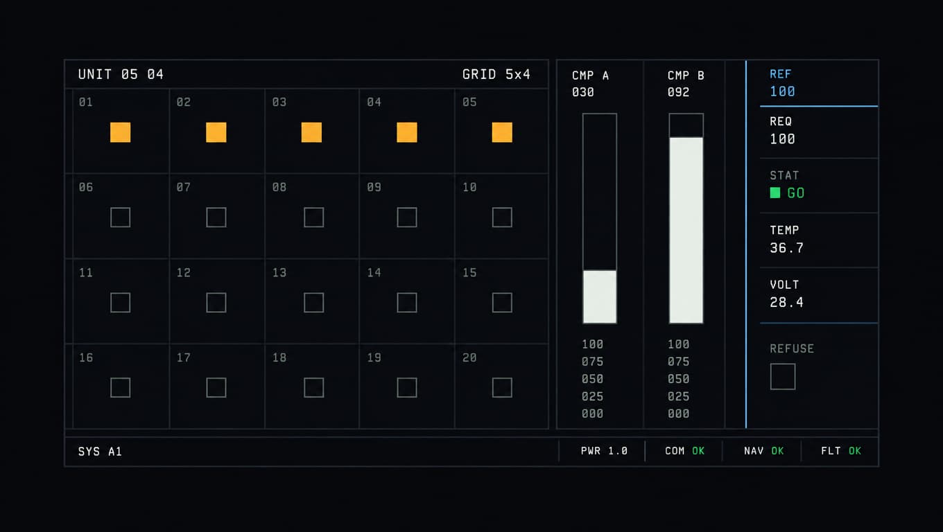 A twenty-square unit chart with five filled amber, beside two comparison bars of different heights.