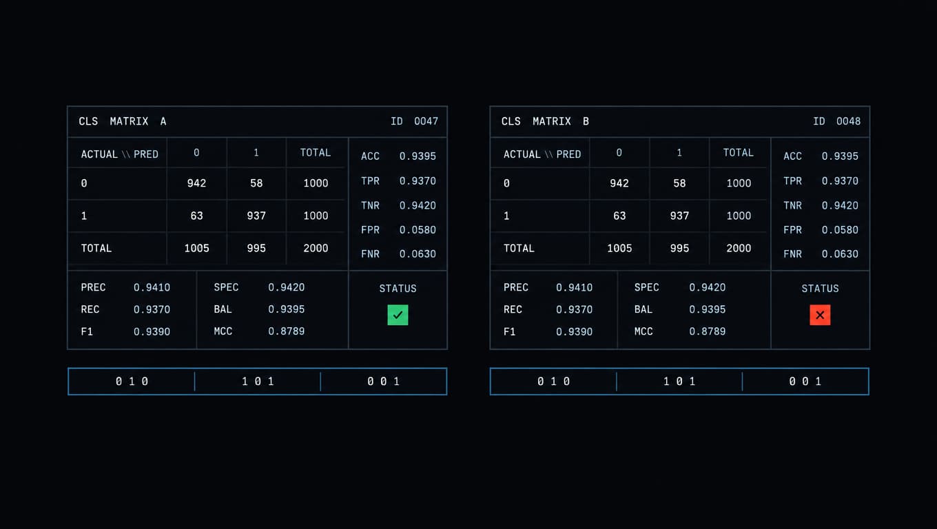 Two identical classification matrices, one checked green and one crossed red, over a three-segment code strip.