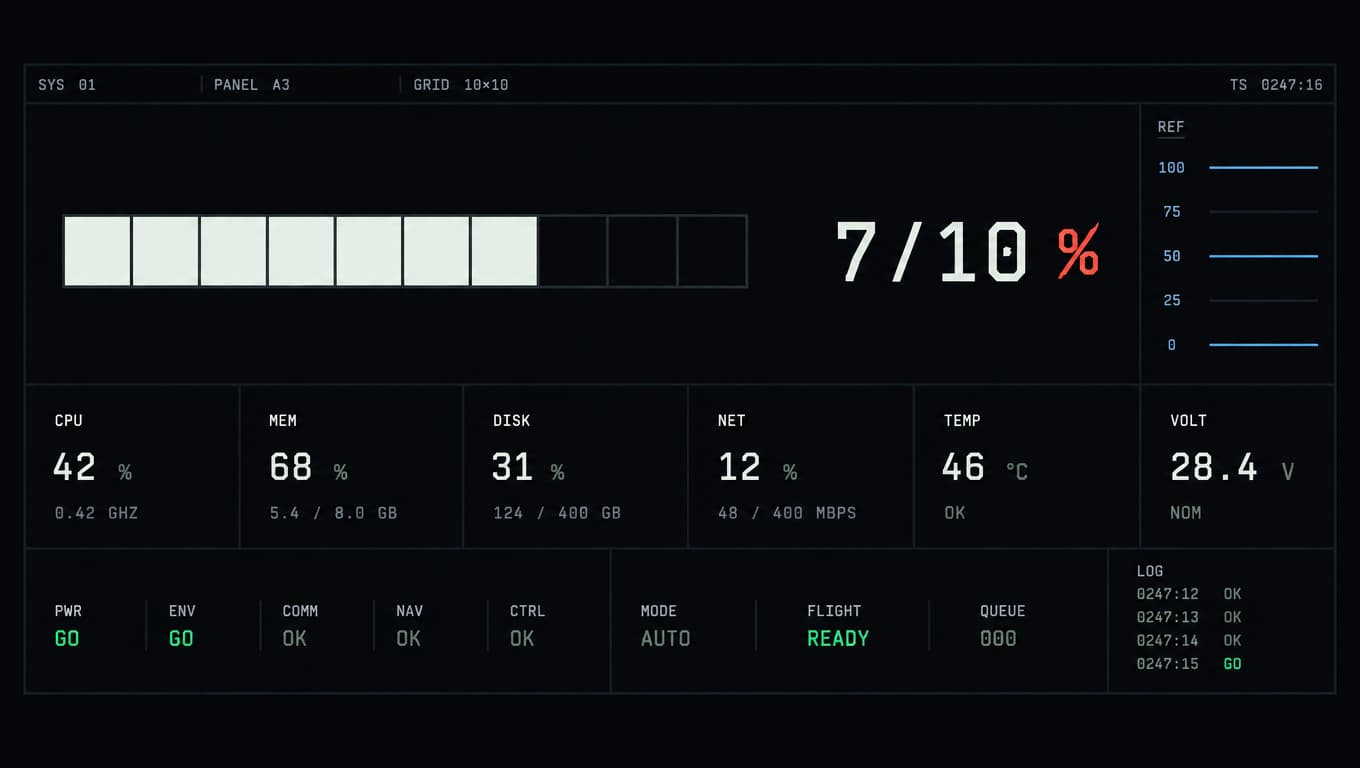 A ten-cell meter with seven filled, labelled 7/10, beside a percent sign struck through.