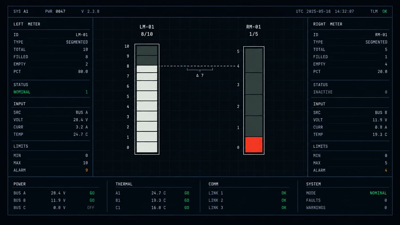 A meter filled to 8 of 10 beside a meter filled to 1 of 5 in red, joined by a dashed line.