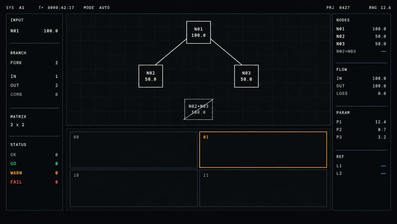 A decision graph forking into two nodes with the combined node struck through, above a two-by-two matrix.