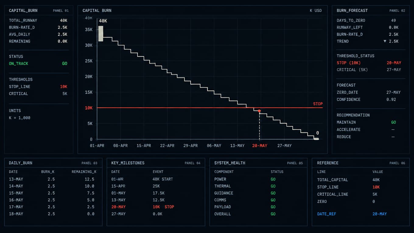 A stepped capital burn line descending from 40K and crossing a red STOP threshold.