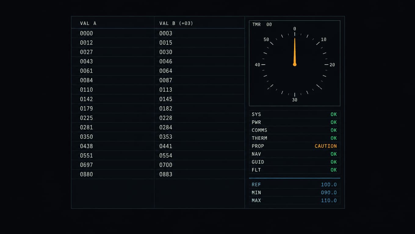 A two-column ledger with an incremented figure beside a square clock dial reset to zero.